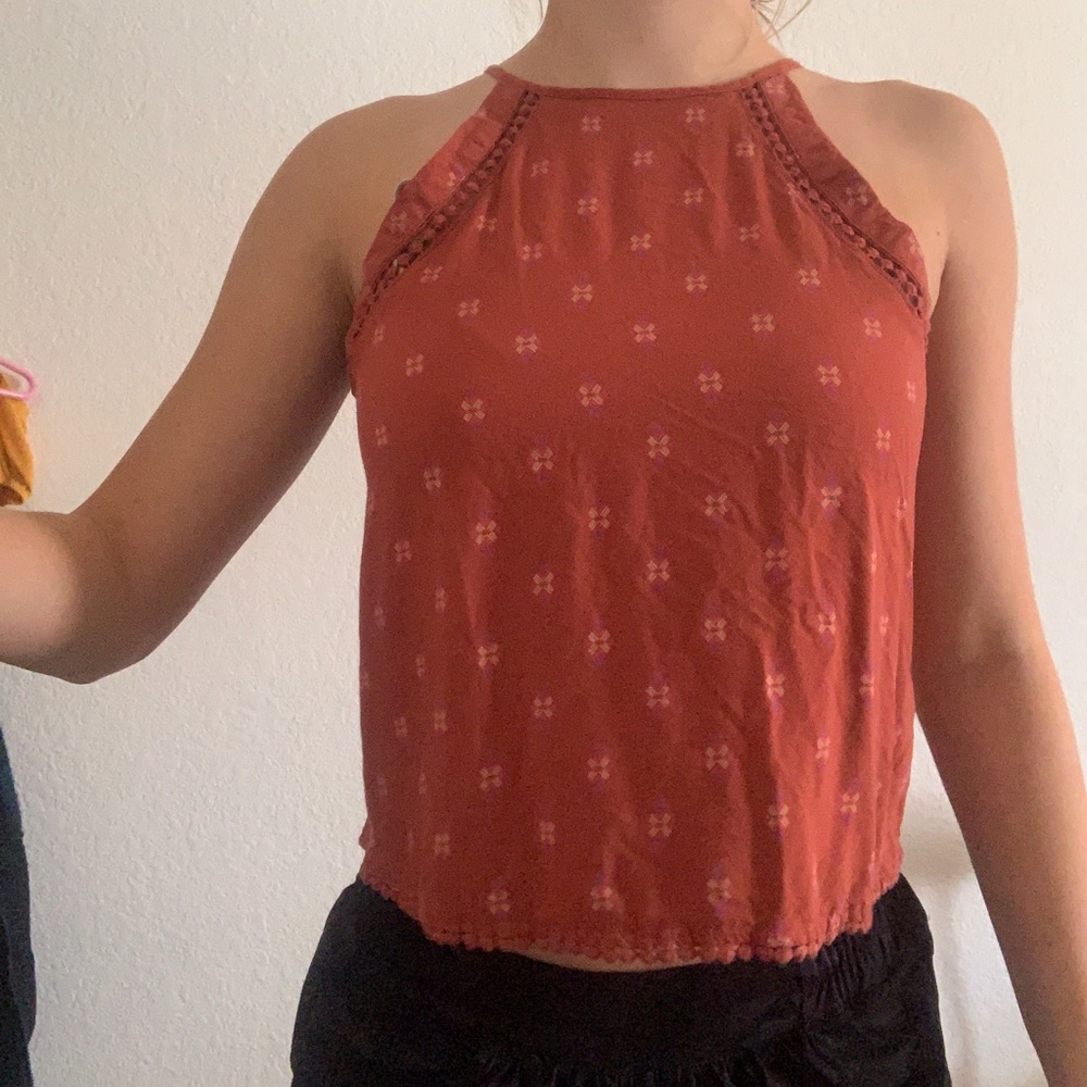 scarlet halter top with tribal designs